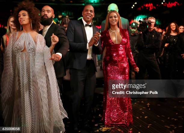 Singer Solange Knowles, Alan Ferguson, hip hop artist Jay-Z and singer Beyonce during The 59th GRAMMY Awards at STAPLES Center on February 12, 2017...