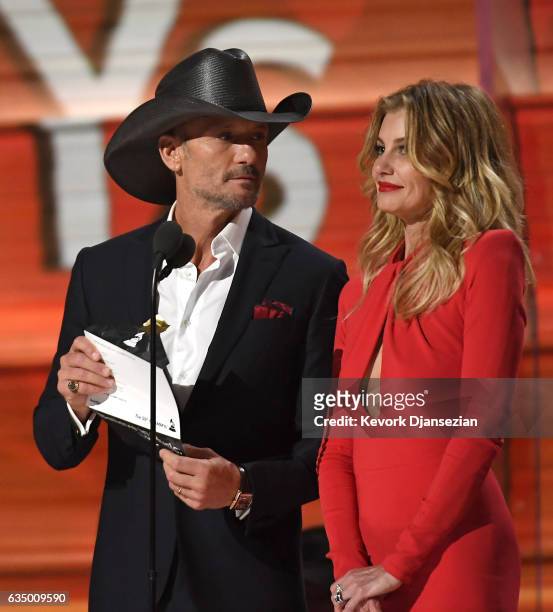 Recording artists Tim McGraw and Faith Hill speak onstage during The 59th GRAMMY Awards at STAPLES Center on February 12, 2017 in Los Angeles,...