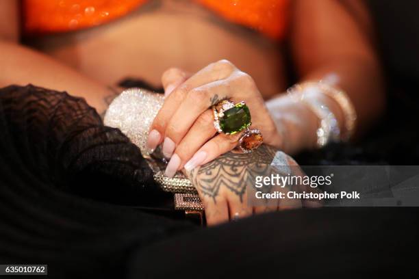 Singer Rihanna, hand detail/nail detail/ring detail/tattoo detail, during The 59th GRAMMY Awards at STAPLES Center on February 12, 2017 in Los...