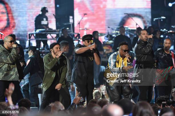 Hiphop artists Jarobi White, Ali Shaheed Muhammad and Q-Tip of A Tribe Called Quest, with guests Anderson Paak and Busta Rhymes, perform onstage...