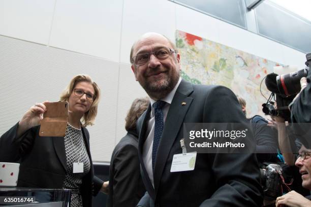Chancellor candidate Martin Schulz arrives at meeting of the SPD faction prior to the vote for the presidential election by the Federal Assembly at...