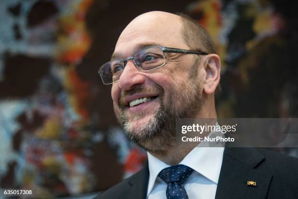 Chancellor candidate Martin Schulz is pictured as he arrives to a meeting of the SPD faction before the election of the new President by the Federal...