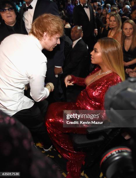 Ed Sheeran and Beyonce during The 59th GRAMMY Awards at STAPLES Center on February 12, 2017 in Los Angeles, California.