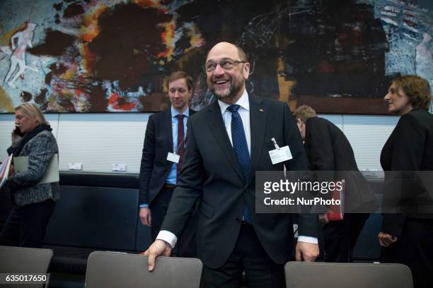 Chancellor candidate Martin Schulz and chairman of the Bundestag SPD faction Thomas Hoppermann are pictured prior to a meeting of the SPD faction...