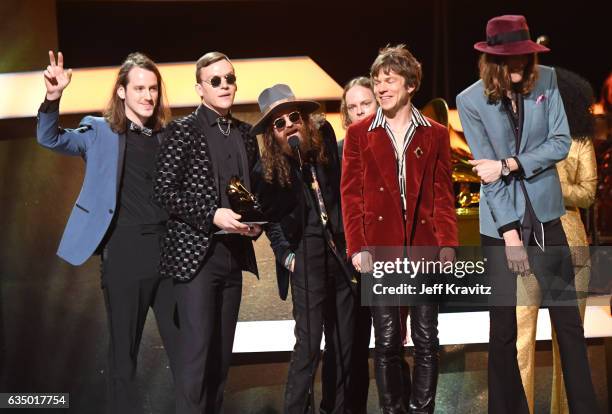 Musicians Nick Bockrath, Brad Shultz, Matthan Minster, Jared Champion, Matt Shultz, and Daniel Tichenor of Cage The Elephant accept the Best Rock...