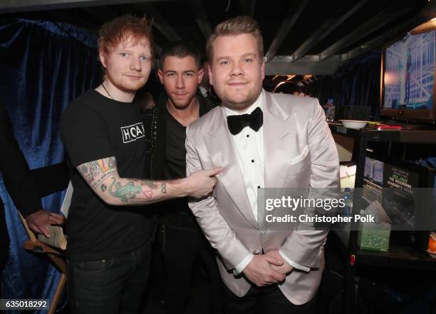Singer Ed Sheeran, singer/actor Nick Jonas and GRAMMY Awards host James Corden attend The 59th GRAMMY Awards at STAPLES Center on February 12, 2017...