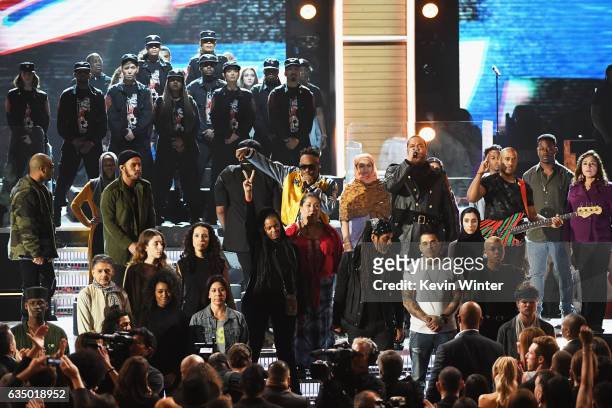 Hip-hop artists Consequence, Anderson .Paak:Q-Tip, Jarobi White, Busta Rhymes and Ali Shaheed Muhammad perform onstage during The 59th GRAMMY Awards...