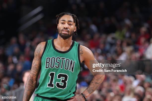 James Young of the Boston Celtics reacts to a play against the Portland Trail Blazers during the game on February 9, 2017 at the Moda Center in...