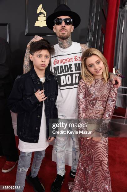 Musician Travis Barker , Landon Barker and Alabama Barker attend The 59th GRAMMY Awards at STAPLES Center on February 12, 2017 in Los Angeles,...