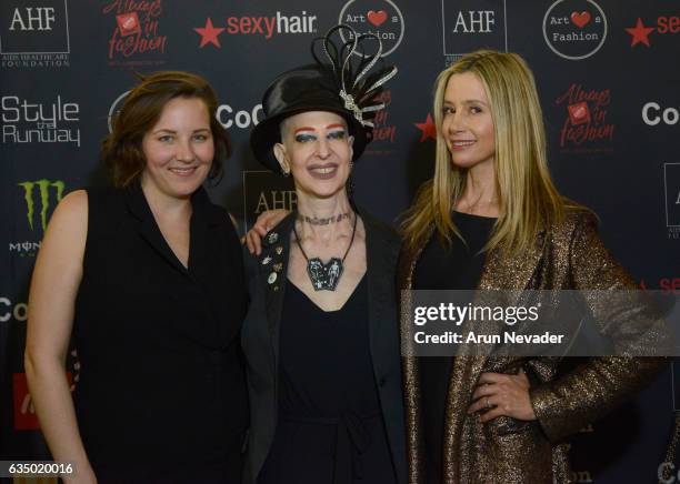 Anaono founder Dana Donofree, Champagne Joy and actress Mira Sorvino pose backstage during New York Fashion Week Art Hearts Fashion NYFW FW/17 -...