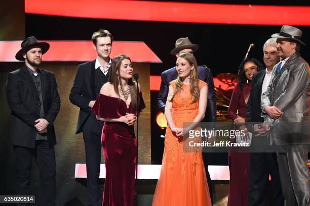 Members of the O'Connor Band accept the Best Bluegrass Album award at the Premiere Ceremony during The 59th GRAMMY Awards at Microsoft Theater on...