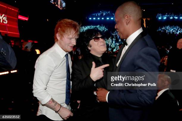 Musician Ed Sheeran, ASCAP Executive John Titta and hip hop artist Jay-Z during The 59th GRAMMY Awards at STAPLES Center on February 12, 2017 in Los...