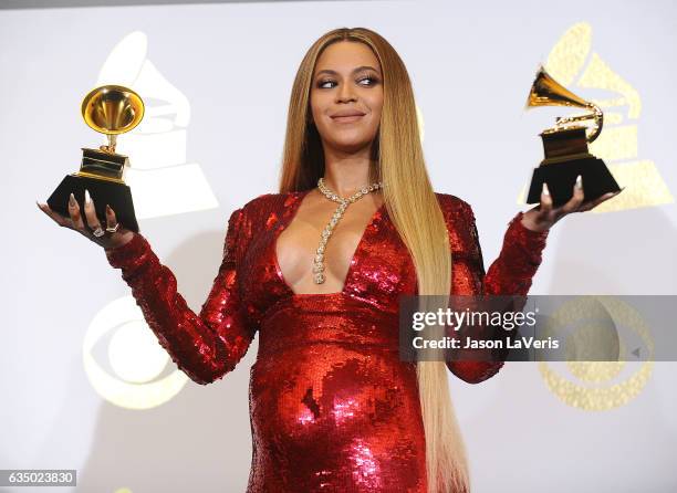 Beyonce poses in the press room at the 59th GRAMMY Awards at Staples Center on February 12, 2017 in Los Angeles, California.