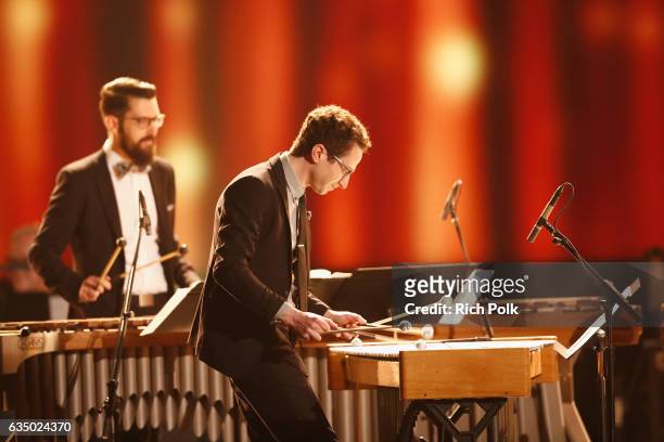 Musicians Peter Martin and Robert Dillon of Third Coast Percussion perform onstage at the Premiere Ceremony during the 59th GRAMMY Awards at...