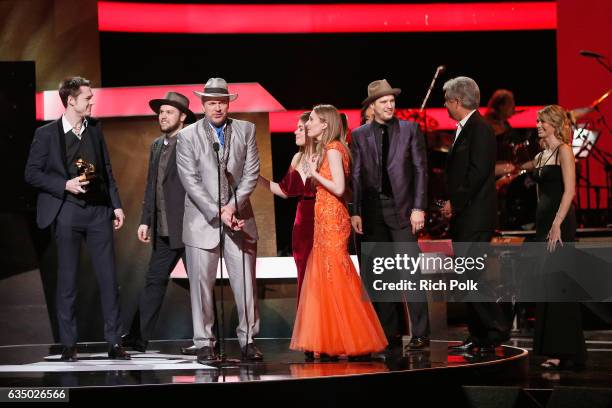 Co-winners of the Best Bluegrass Album by Kate Lee and the O'Connor Band at the Premiere Ceremony onstage during the 59th GRAMMY Awards at Microsoft...