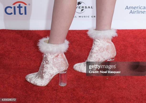 Singer-songwriter Olivia O'Brien, shoe detail, arrives at Universal Music Group 2017 Grammy after party presented by American Airlines and Citi at...