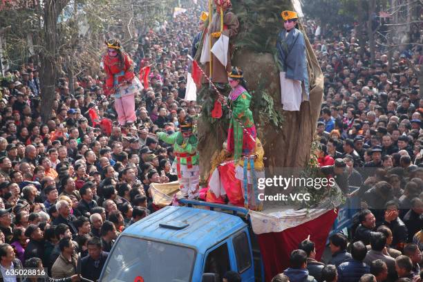 Aerial view of villagers crowding to watch Shehuo parades at Feng Village on February 12, 2017 in Xi An, Shaanxi Province of China. "Shehuo"...