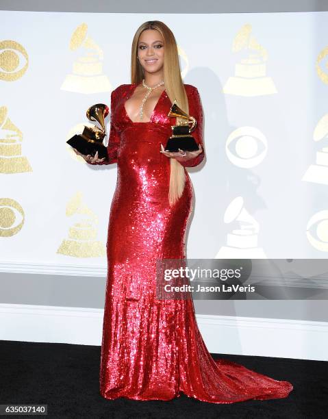 Beyonce poses in the press room at the 59th GRAMMY Awards at Staples Center on February 12, 2017 in Los Angeles, California.