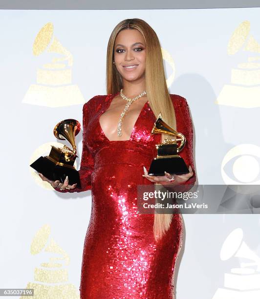 Beyonce poses in the press room at the 59th GRAMMY Awards at Staples Center on February 12, 2017 in Los Angeles, California.
