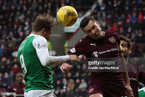 Don Cowie of Heart of Midlothian vies with Grant Holt of Hibernian during the Scottish Cup Fifth Round match between Heart of Midlothian and...