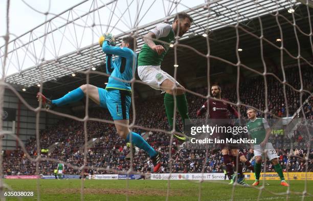 Jack Hamilton of Heart of Midlothian vies with Grant Holt of Hibernian during the Scottish Cup Fifth Round match between Heart of Midlothian and...