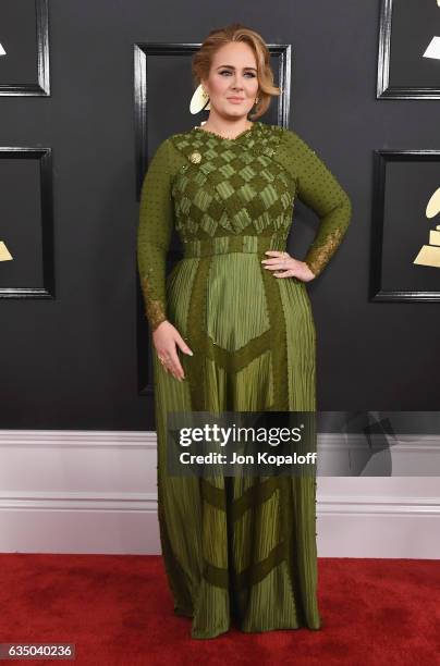 Singer Adele arrives at the 59th GRAMMY Awards at the Staples Center on February 12, 2017 in Los Angeles, California.