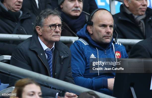 Head coach of France Guy Noves and assistant coach Yannick Bru look on during the RBS 6 Nations tournament match between France and Scotland at Stade...