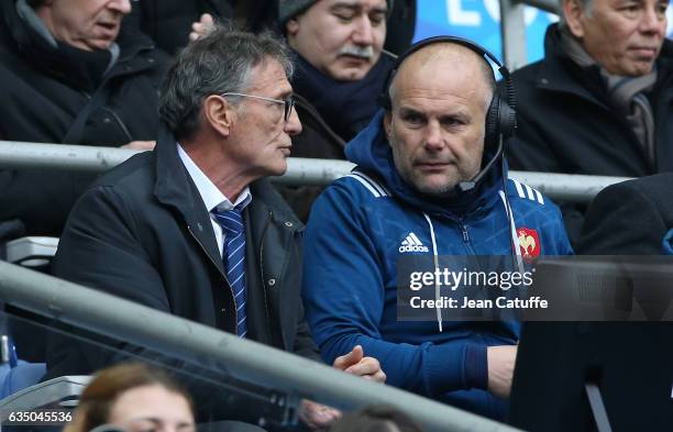 Head coach of France Guy Noves and assistant coach Yannick Bru look on during the RBS 6 Nations tournament match between France and Scotland at Stade...