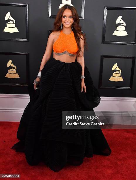 Rihanna arrives at the 59th GRAMMY Awards on February 12, 2017 in Los Angeles, California.