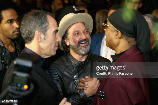 Of Republic Records Monte Lipman, Mr. Brainwash and musician Stevie Wonder at a celebration of music with Republic Records, in partnership with...