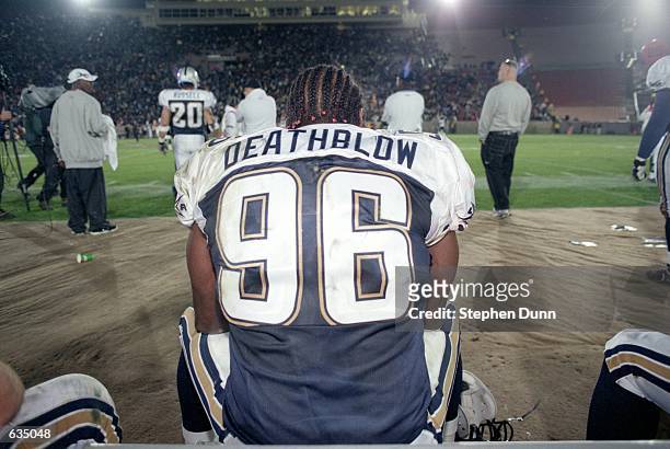 Jamal "Deathblow" Duff of the Los Angeles Xtreme takes a break during the game against the Chicago Enforcers at the L.A. Coliseum in Los Angeles,...