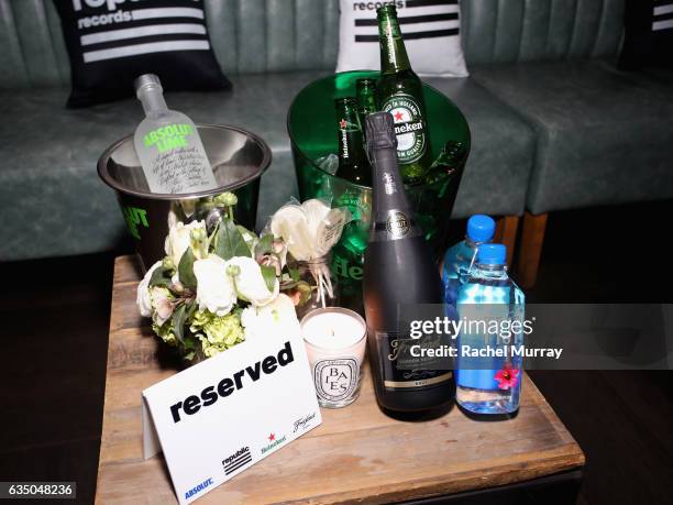Beverages on display at a celebration of music with Republic Records, in partnership with Absolut and Pryma, at Catch LA on February 12, 2017 in West...