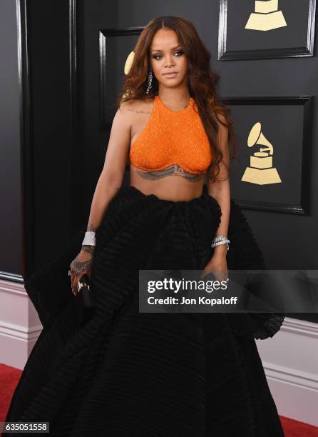 Singer Rihanna arrives at the 59th GRAMMY Awards at the Staples Center on February 12, 2017 in Los Angeles, California.