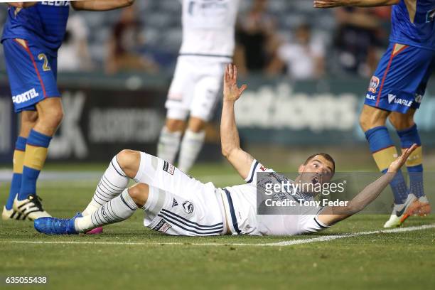 James Troisi of the Victory appeals for a penalty during the round 19 A-League match between the Newcastle Jets and Melbourne Victory at McDonald...
