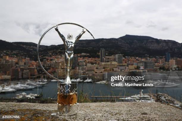 The Laureus World Sports Awards trophy stands by the Monaco harbour prior to the 2017 Laureus World Sports Awards on February 13, 2017 in Monaco,...