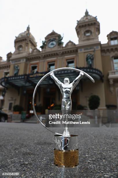 The Laureus World Sports Awards trophy stands by the Monte Carlo Casino prior to the 2017 Laureus World Sports Awards on February 13, 2017 in Monaco,...