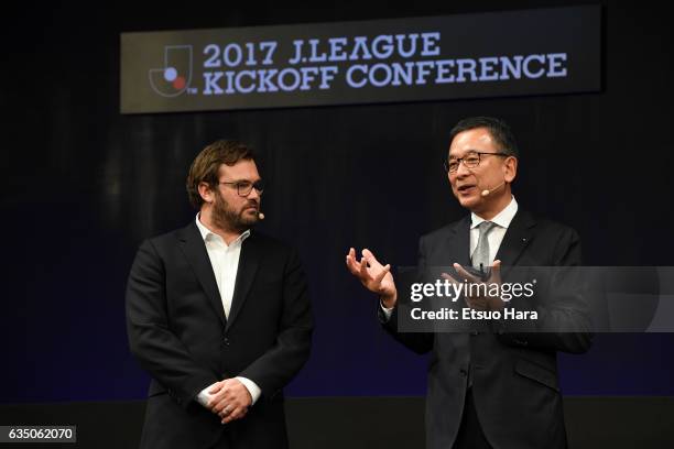 James Rushton and J.League Chairman Mitsuru Murai are seen during the J.League Kick Off Conference at Tokyo International Forum on February 13, 2017...