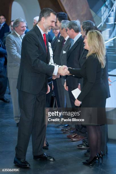 King felipe VI of Spain and Trinidad Jimenez attend the 'El Valor Economico del Espanol' conference at Telefonica Foundation on February 13, 2017 in...