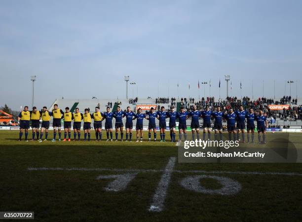 Treviso , Italy - 12 February 2017; Leinster players during a moments silence in memory of Joost van der Westhuizen of South Africa, who passed away...