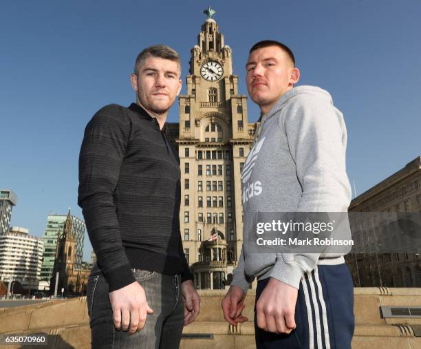 Liam Smith and Liam Williams stand outside the Liver Buildings for a photocall to announce their fight in April on February 13, 2017 in Liverpool,...