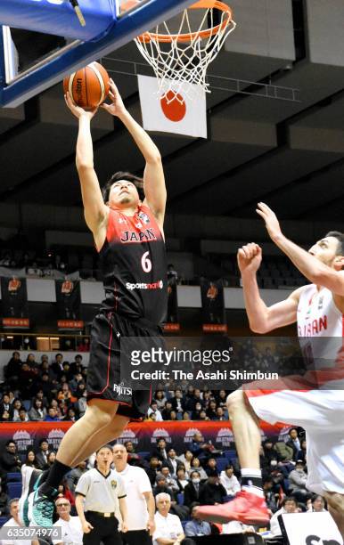 Makoto Hiejima of Japan leaps for a layup during game one of the Men's Basketball international friendly match between Japan and Iran at Hokkaido...