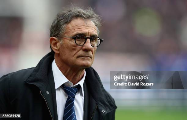 Guy Noves, the France head coach looks on during the RBS Six Nations match between France and Scotland at Stade de France on February 12, 2017 in...