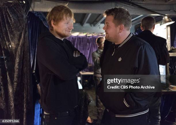 Backstage with Ed Sheeran and James Corden, Host of THE 59TH ANNUAL GRAMMY AWARDS, broadcast live from the STAPLES Center in Los Angeles, Sunday,...