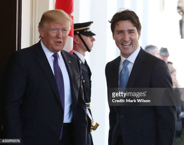 President Donald Trump greets Canadian Prime Minister Justin Trudeau at the White House February 13, 2017 in Washington, DC. Later in the day the two...