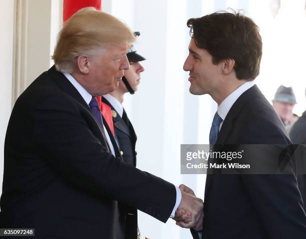 President Donald Trump , greets Canadian Prime Minister Justin Trudeau at the White House February 13, 2017 in Washington, DC. Later in the day the...