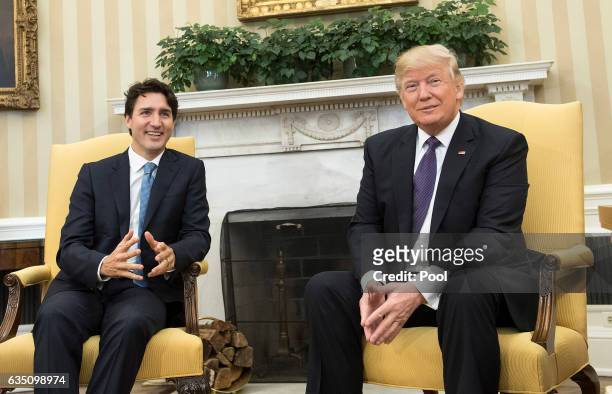 President Donald Trump meets with Prime Minister Justin Trudeau of Canada in the Oval Office at the White House on February 13, 2017 in Washington,...