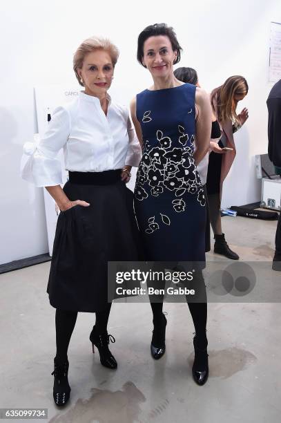 Designer Carolina Herrera and President of Carolina Herrera, Emilie Rubinfeld, pose backstage for the Carolina Herrera collection during, New York...