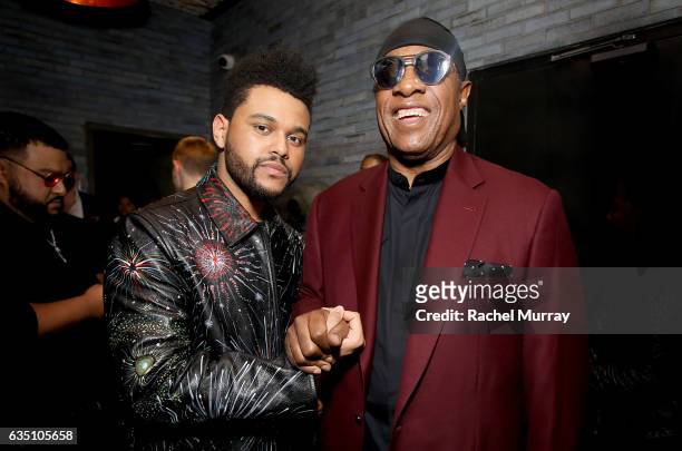 Recording artists The Weeknd and Stevie Wonder at a celebration of music with Republic Records, in partnership with Absolut and Pryma, at Catch LA on...