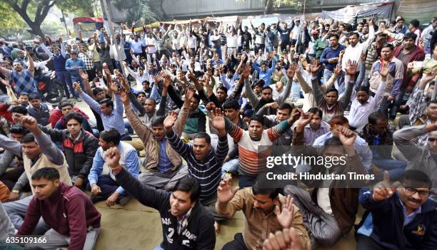 Ola and Uber taxi drivers on the fourth day strike against withdrawal of driver incentives, and other demands at Jantar Mantar on February 13, 2017...