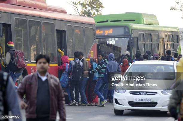 Commuters using buses & autos to travel as Ola and Uber cab drivers go on strike, on February 13, 2017 in Noida, India. Starting as a driver centric...